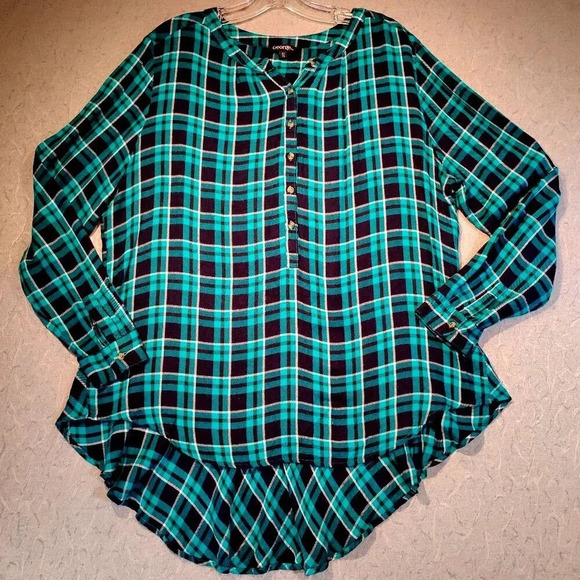 George  Women's NWOT Blue/Green Plaid Peplum Back L. Sleeve Button Down Shirt XL - Picture 1 of 8